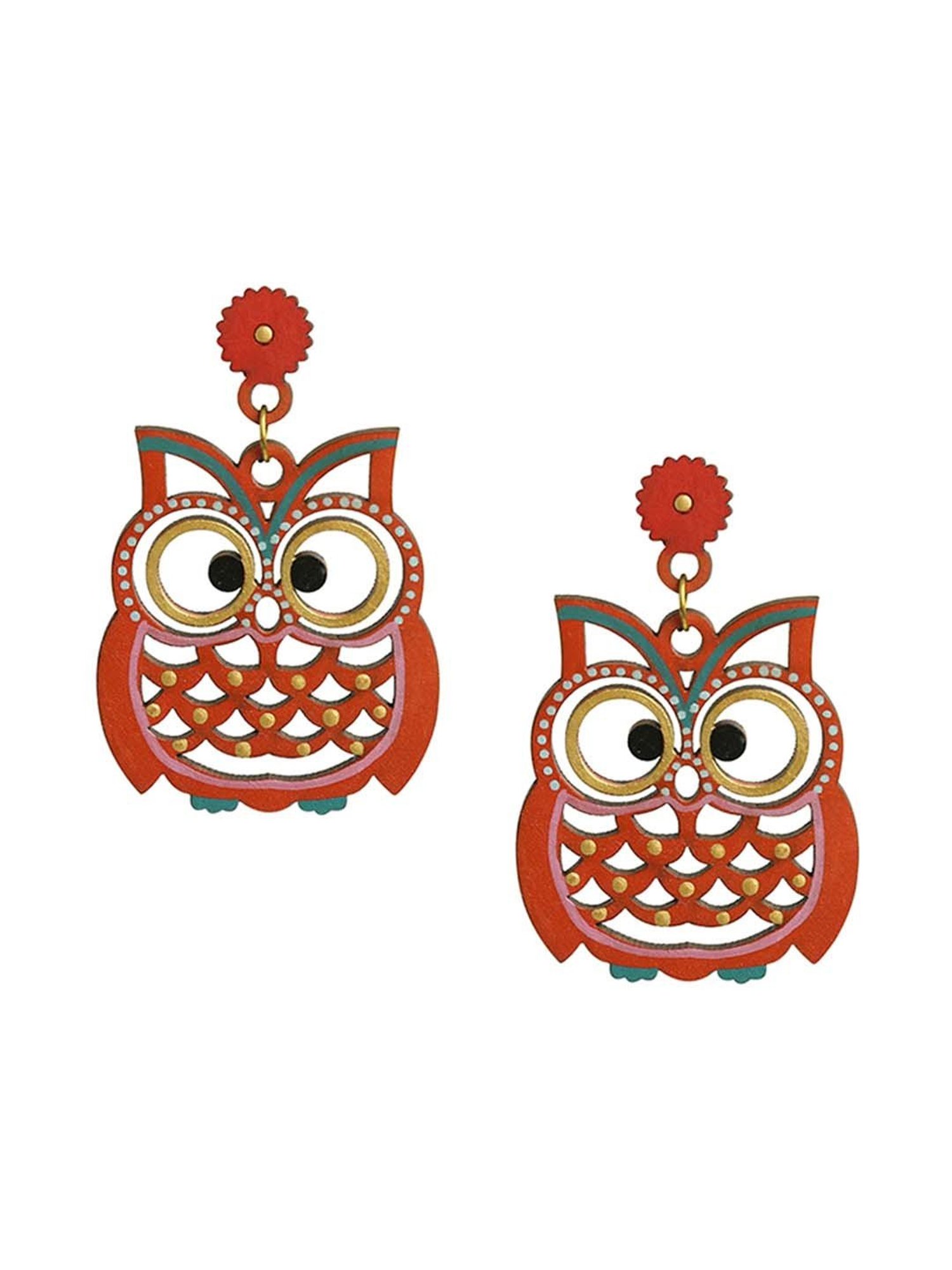 ExclusiveLane 'Symphony of Owls' Brick Red Handpainted Earrings in Recycled Earrings