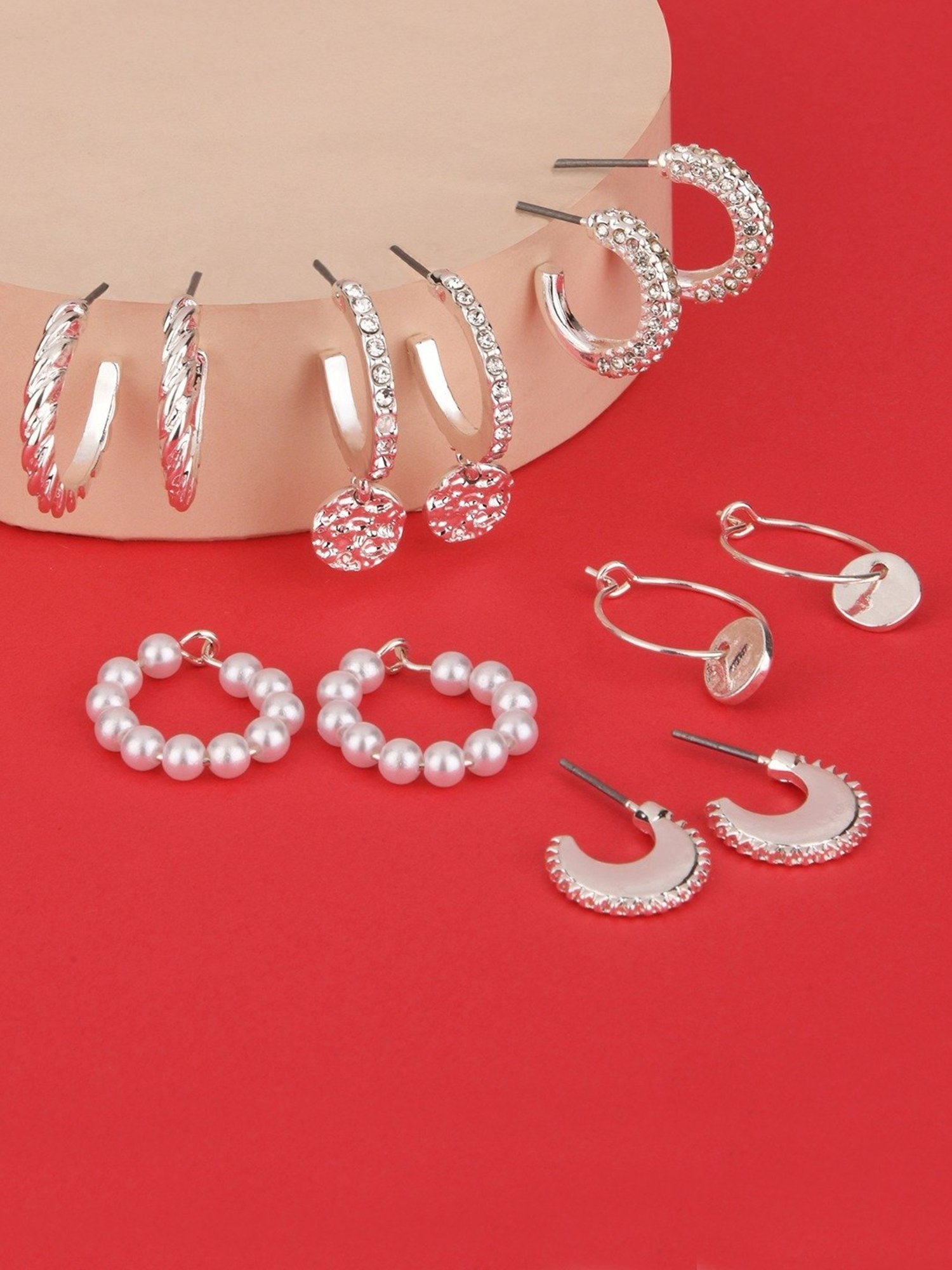 Lilly & Sparkle Silver-Toned Pearl and Crystal Studded Hoop Earrings - Set of 6