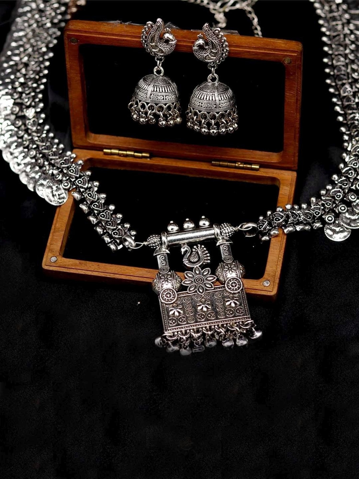 Teejh Ethnic Kaveesha Silver Oxidized Peacock Necklace Set for Women