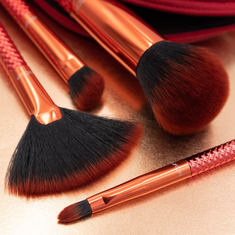 MODA Brush MWAH! 5pc Full Face Metallic Red Makeup Brush Set with Exclusive Lip Zip Case, Includes - Buffer, Highlight, Angle Shader, and Precision Lip Brushes