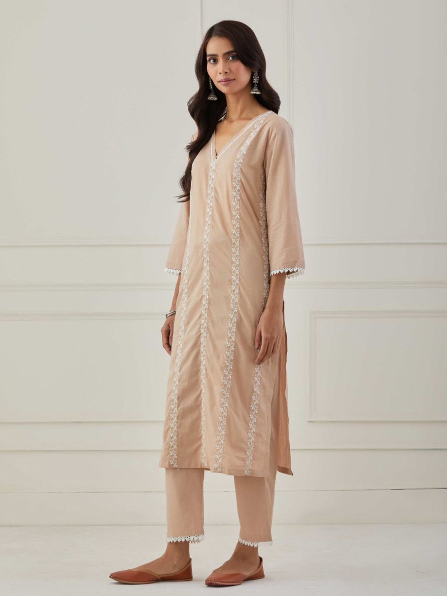 Priya Chaudhary Beige Sudha Embroidered Cotton Kurta with Pants