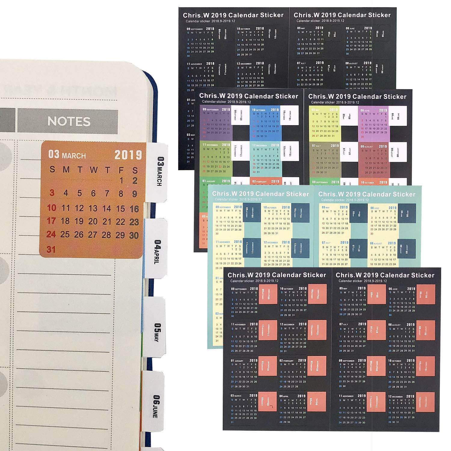 Chris.W 2018-2019 Calendars Stickers for Bullet Journal, Agendas and Organizers - Planners Monthly Adhesive Index Tabs, 16-Month from September 2018 to December 2019, 4 Sets in Multi Color(64 Tabs)