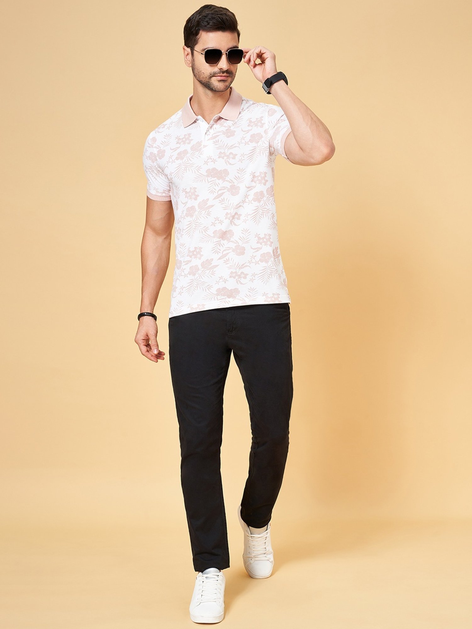 Byford by Pantaloons Pink Cotton Slim Fit Printed Polo T-Shirt