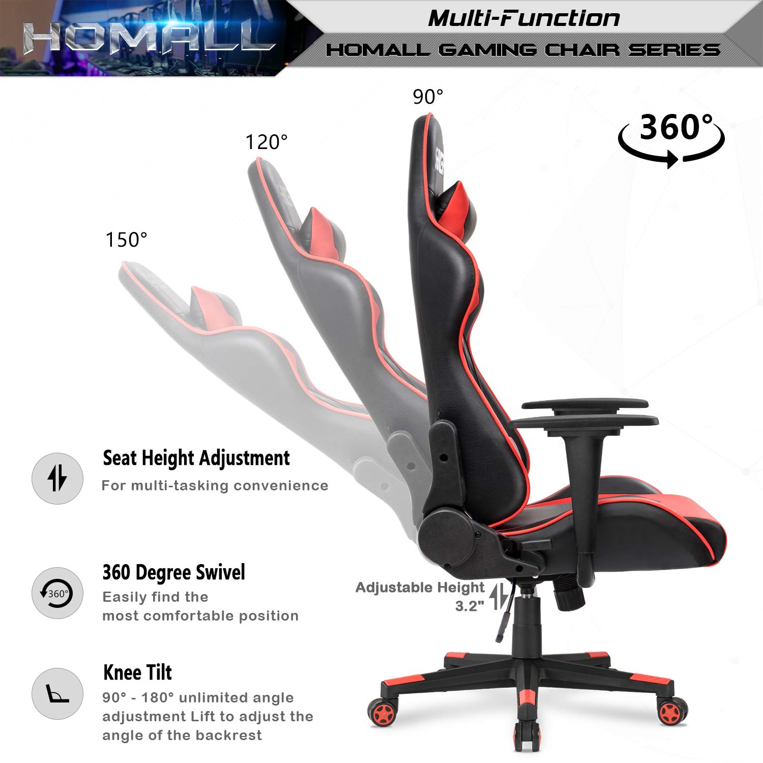 Homall Gaming Chair Office Chair High Back Computer Chair PU Leather Desk Chair Racing Executive Ergonomic Swivel Task Chair, Seat Height Adjustable, with Headrest and Lumbar Support (Blue)