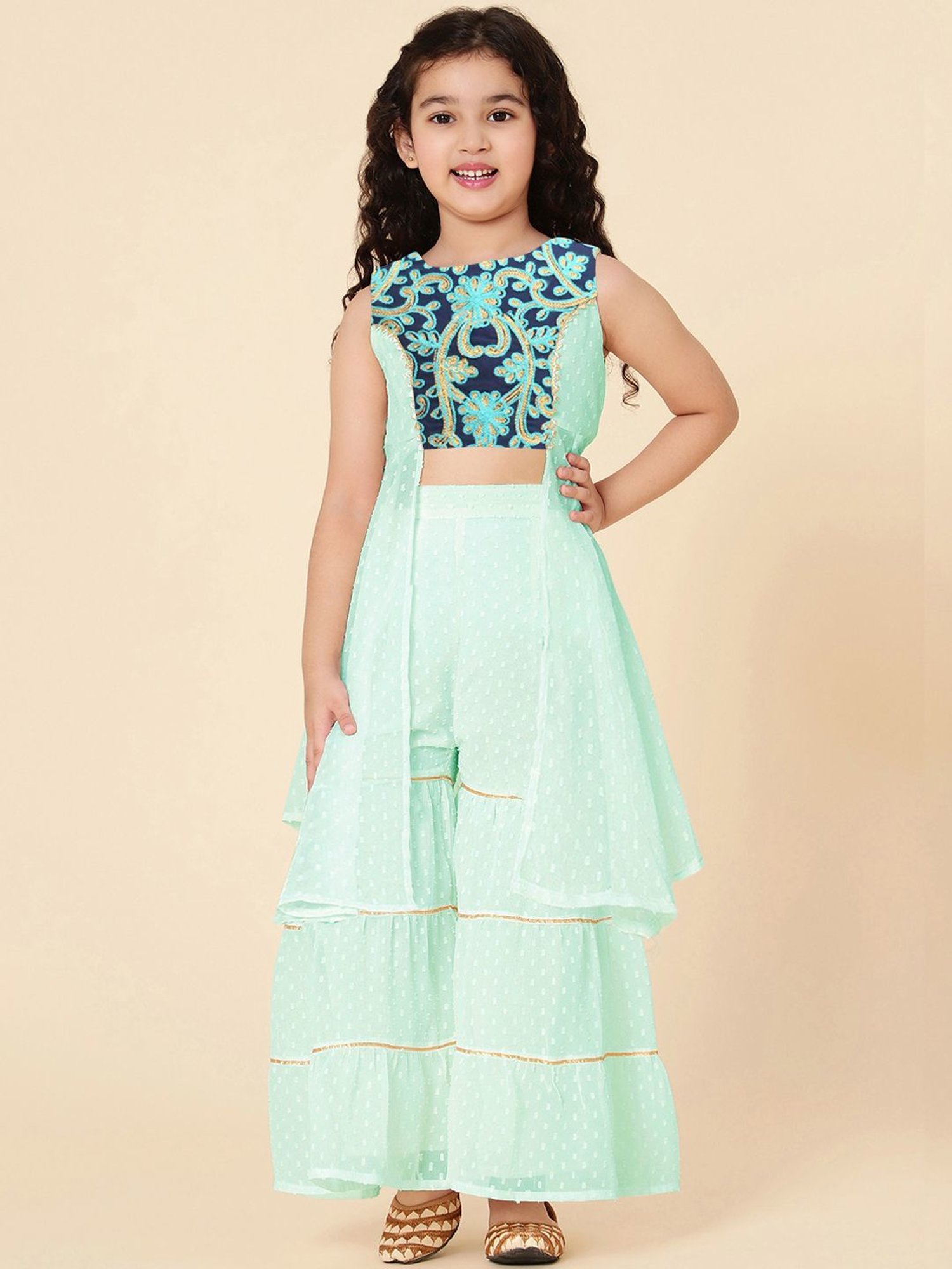 A.T.U.N. Kids Navy & Mint Green Embroidered Kurta Set