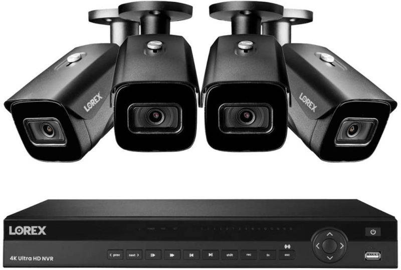 Lorex NC4K3F-164BB 4K Surveillance System w/ N882A63B 3TB 4K 16 Channel NVR and 4 4K 8MP LNB9242B Audio Bullet Cameras Featuring Real-Time 30FPS Recording and Smart Motion Detection