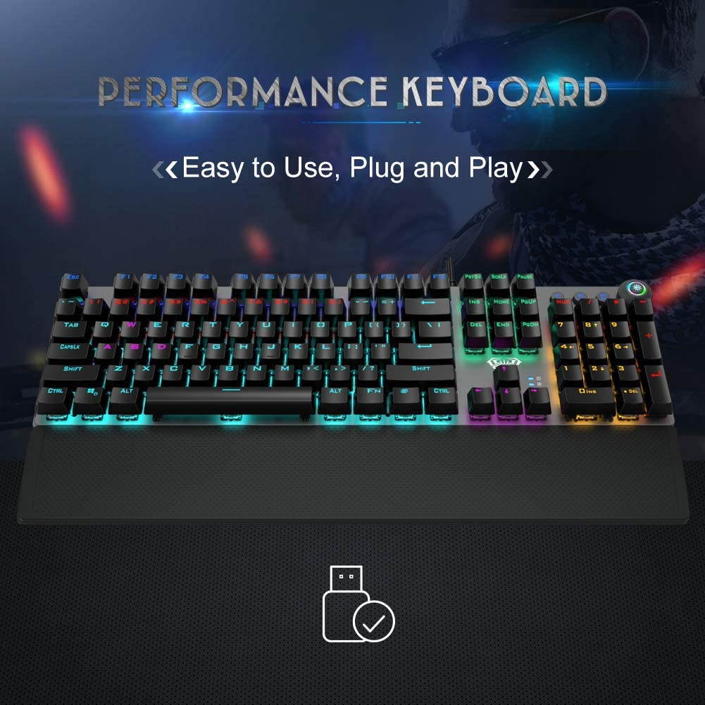 AULA F2088 Mechanical Gaming Keyboard with Detachable Wrist Rest/Media Knob/Metal Panel/LED Rainbow Backlit, 104 Keys Anti-ghosting Programmable USB Wired PC Games Keyboards - White/Silver