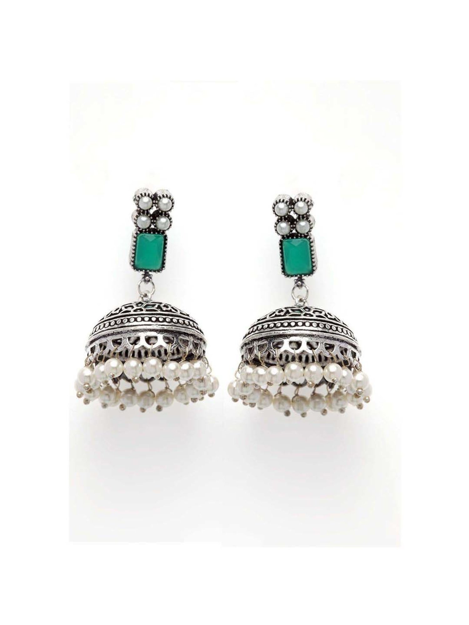 Panash Silver-Plated & Green Oxidised Jhumki Earrings