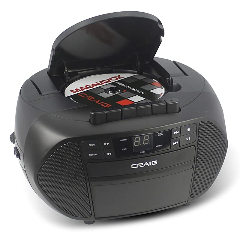 CD6951 Portable Top-Loading CD Boombox with AM/FM Stereo Radio and Cassette Player/Recorder in Black | 6 Key Cassette Player/Recorder | LED Display |
