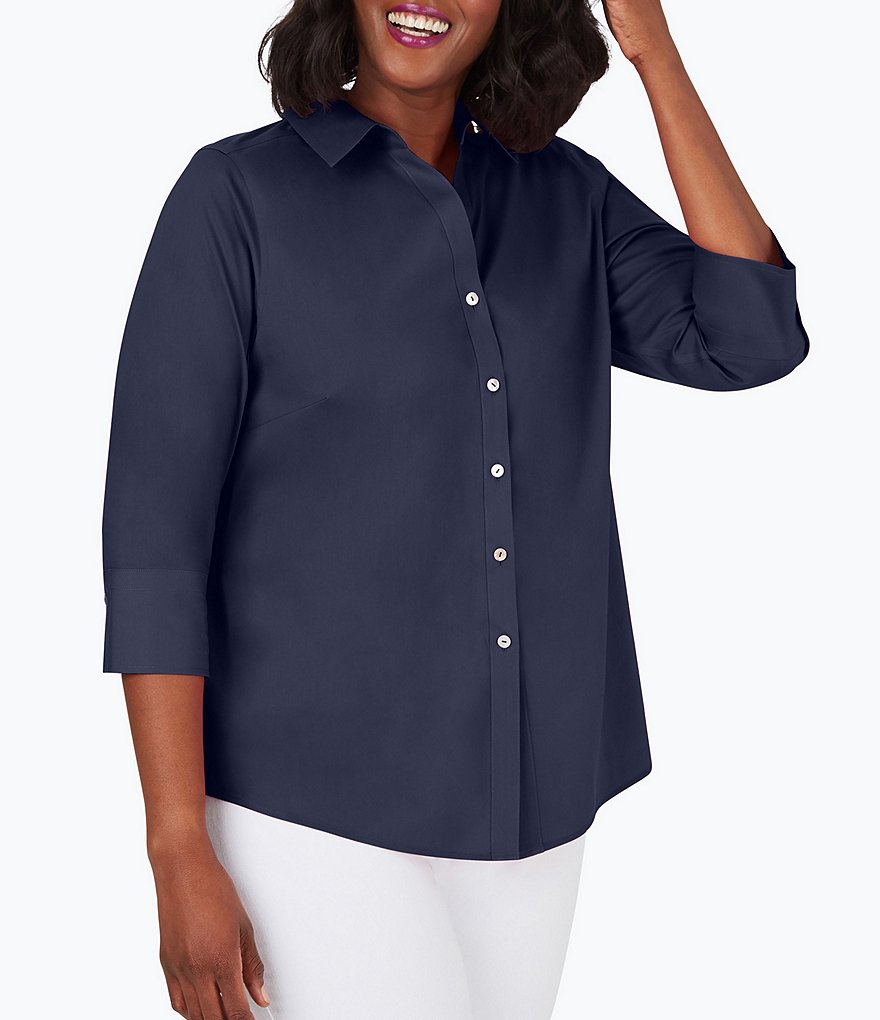 Foxcroft Plus Size Mary Point Collar 3/4 Sleeve Solid Stretch Shirt
