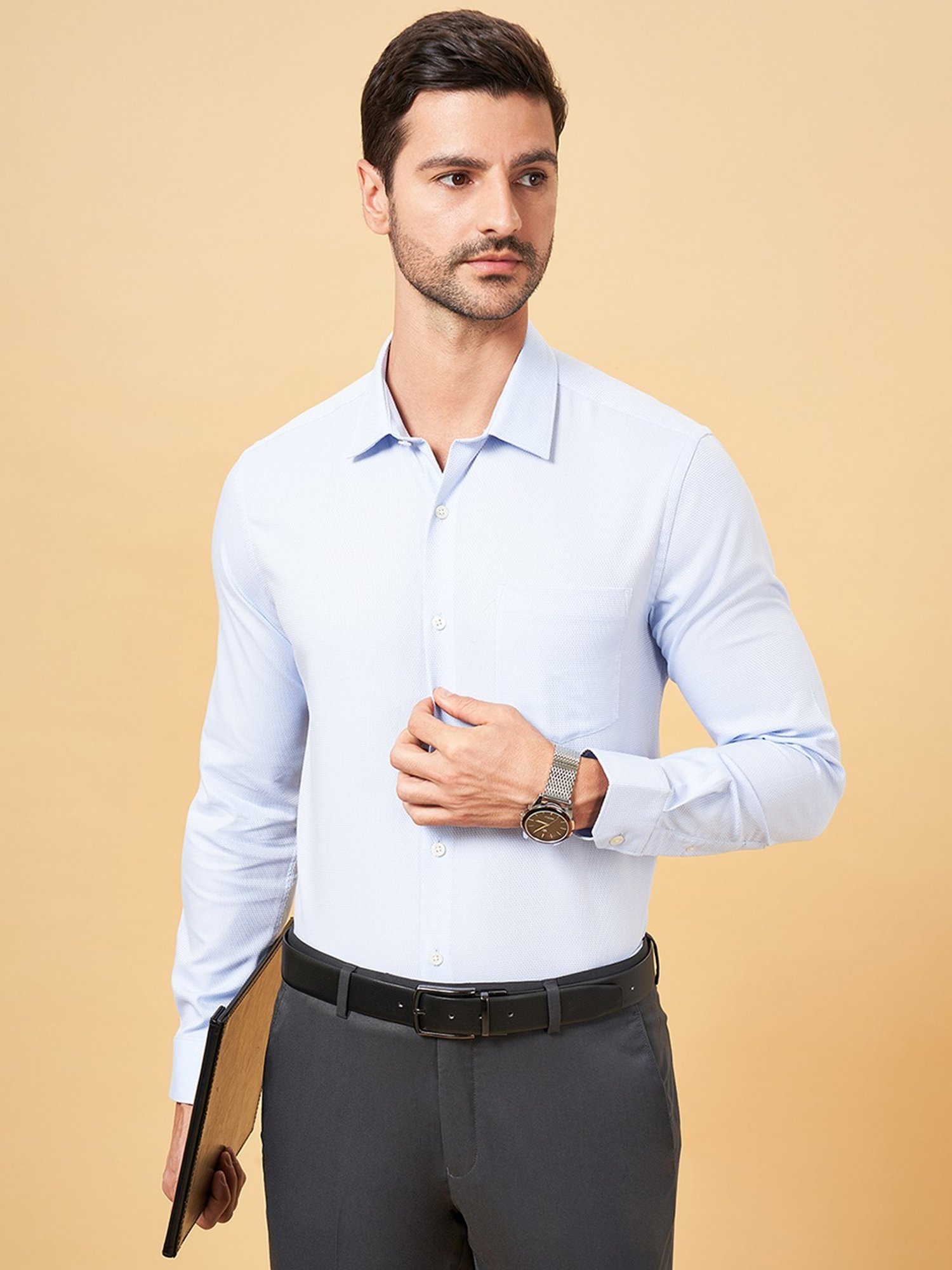 Peregrine by Pantaloons Whispering Blue Cotton Slim Fit Texture Shirt