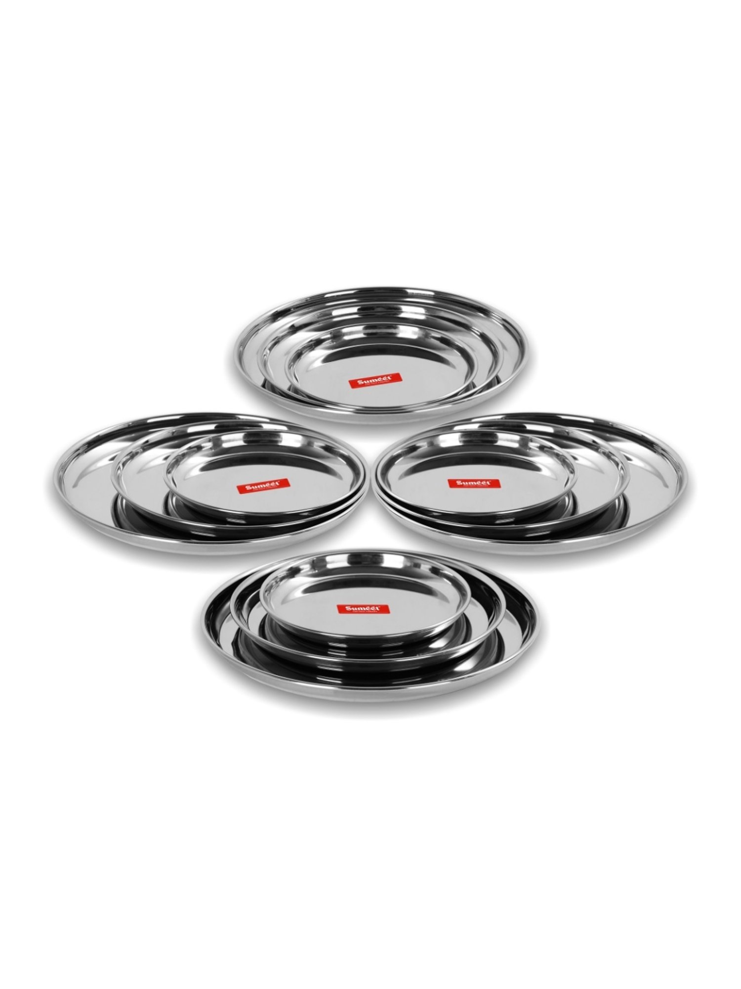 Sumeet S.S. Heavy Gauge Multi Purpose Plates with Mirror Finish Set of 12pc ( Dia-17cm, 22cm,27.5cm)