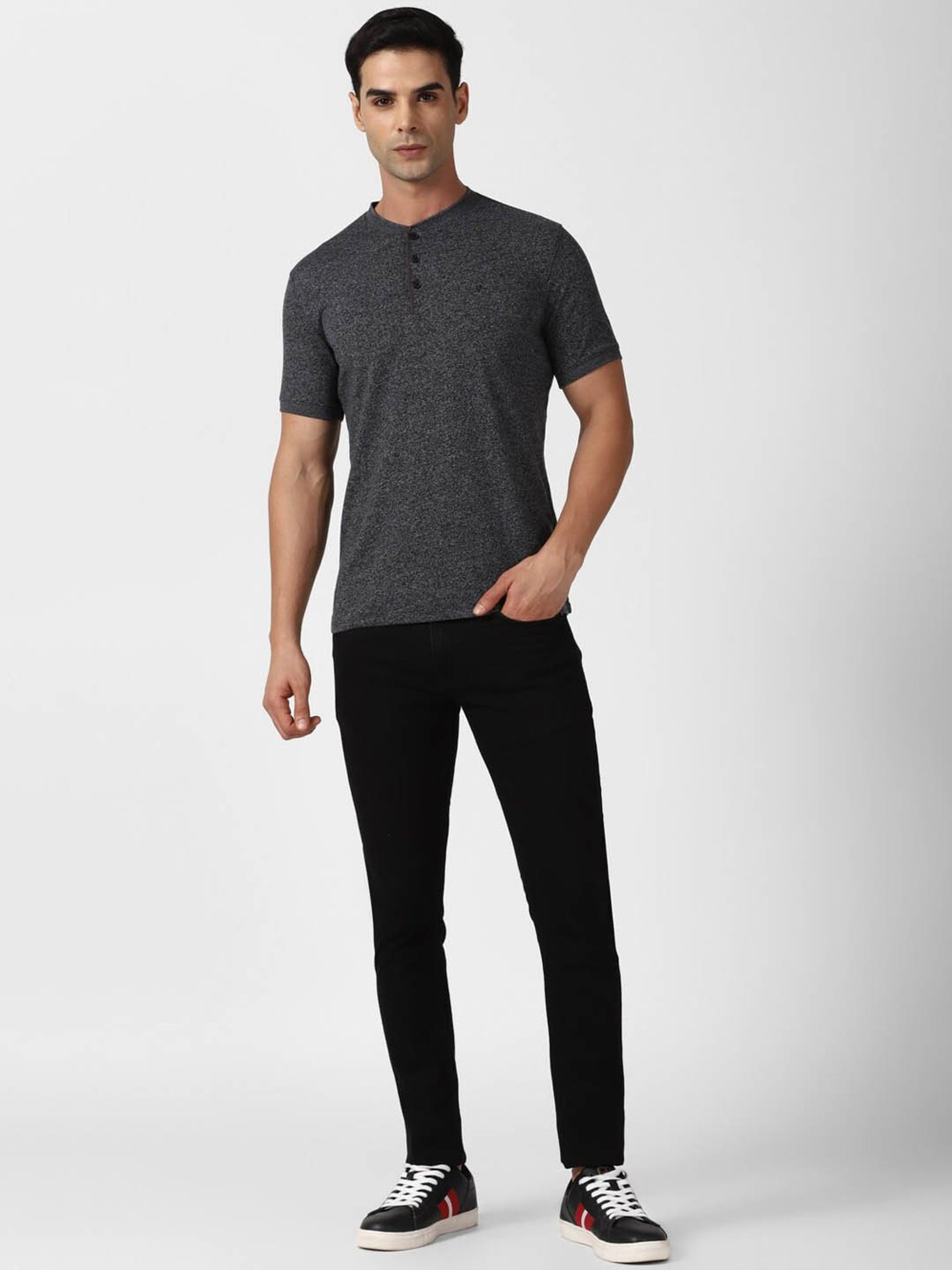 V Dot Grey Slim Fit Texture Henley T-Shirt