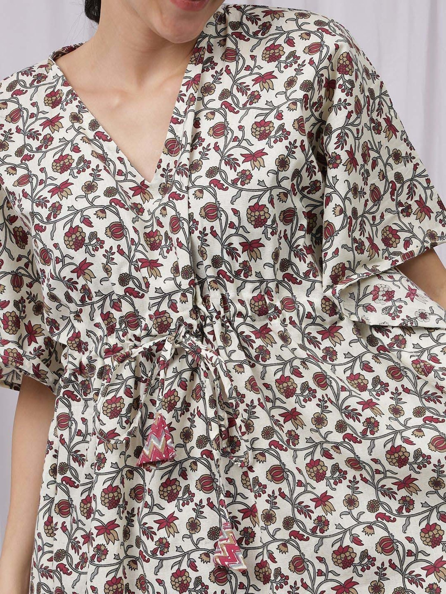 NEUDIS Beige & Maroon Printed Kaftan Pyjamas Set