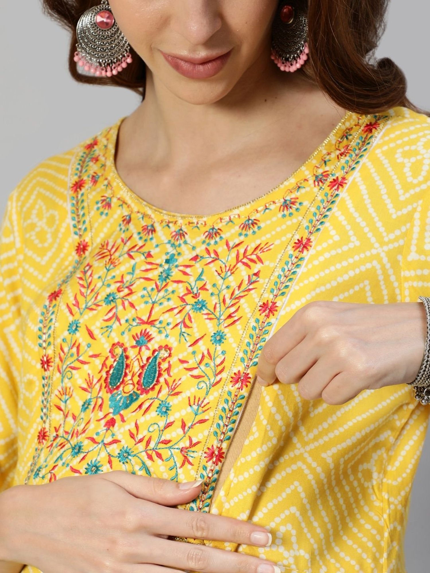 Anubhutee Yellow Cotton Embroidery Maternity Dress