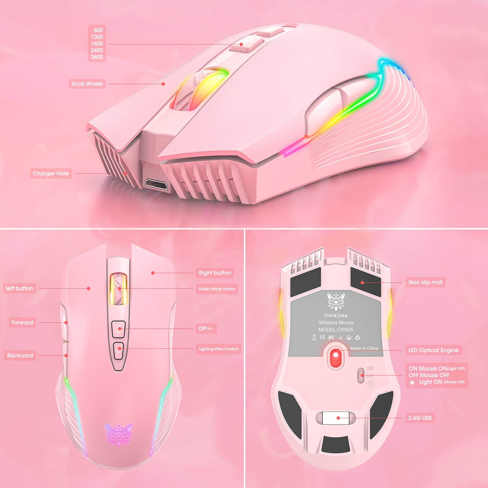ONIKUMA CW905 2.4G Wireless Gaming Mouse RGB Backlit E-sports Mouse Optical Computer Mice 5 Adjustable DPI with 7 Programmable Buttons for Laptop Desktop PC Computer