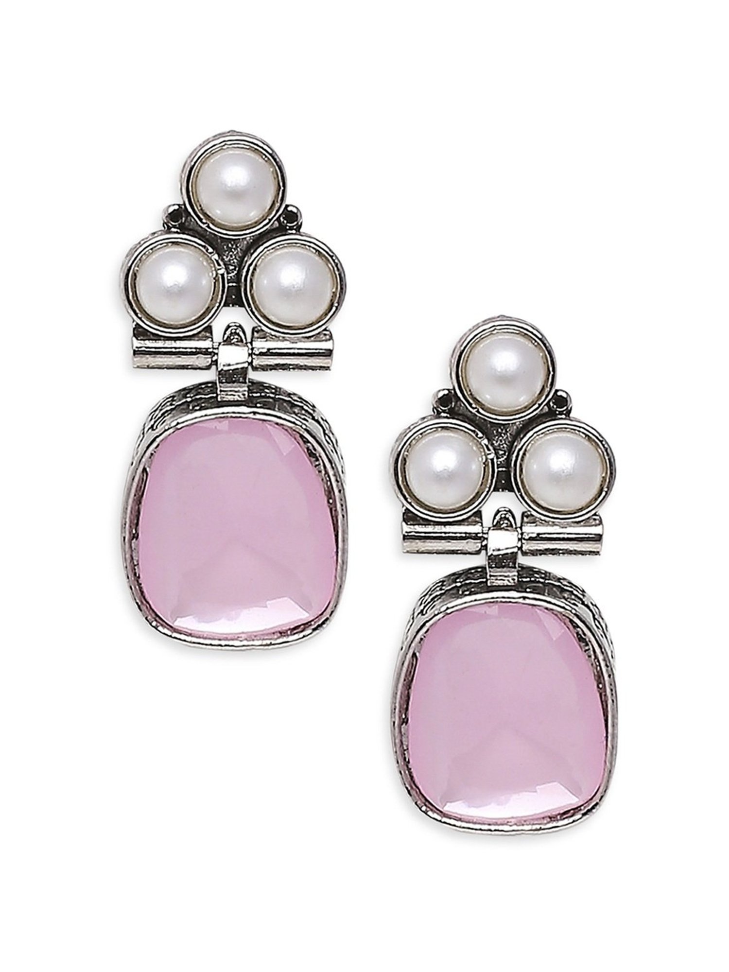 Oomph Jewellery Oxidized Silver Small Ethnic Pink Opal Moonstone Drop Earrings