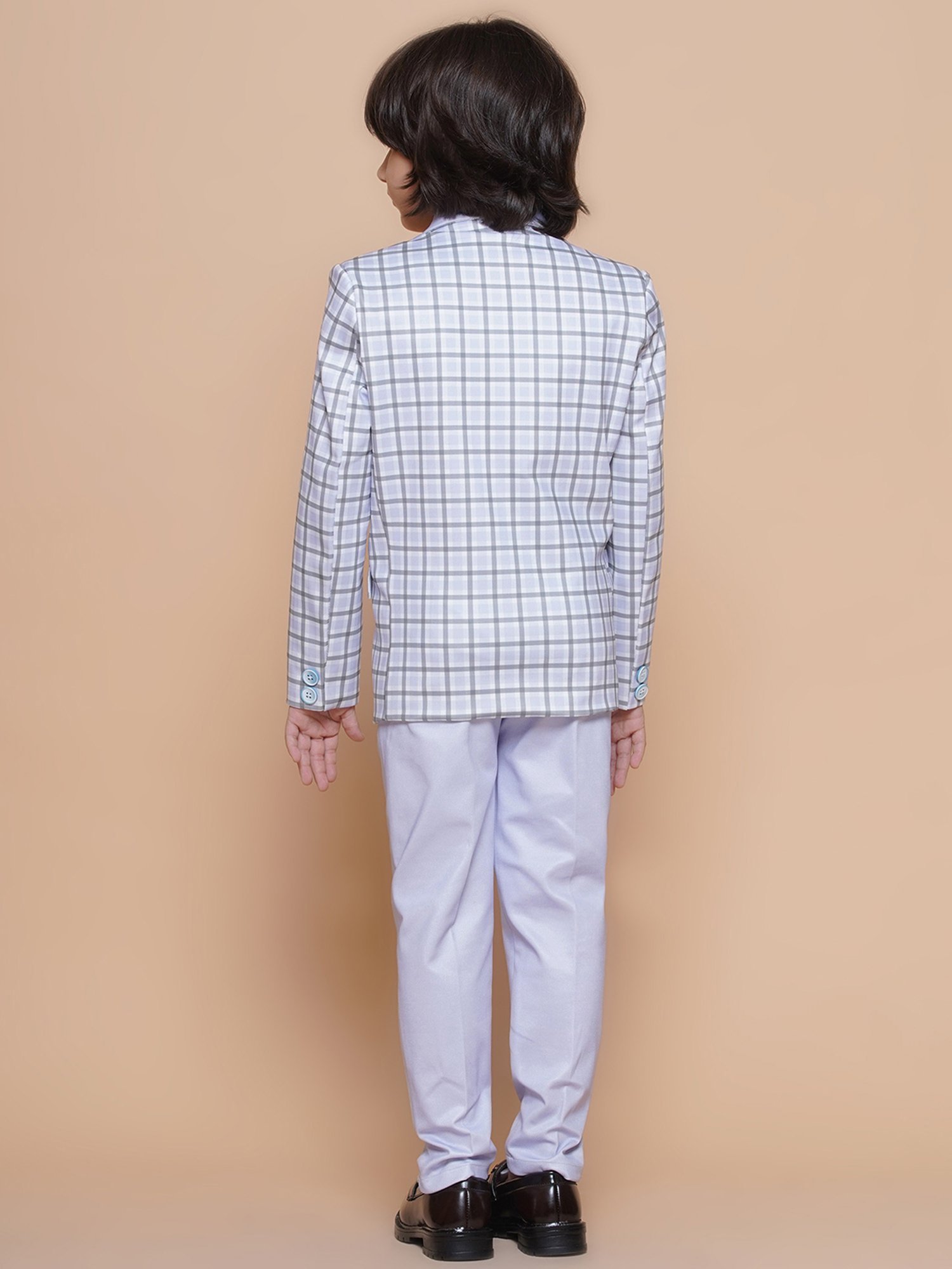 AJ Dezines Kids Blue Checks Full Sleeves Shirt, Pants, Coat, Waistcoat with Tie