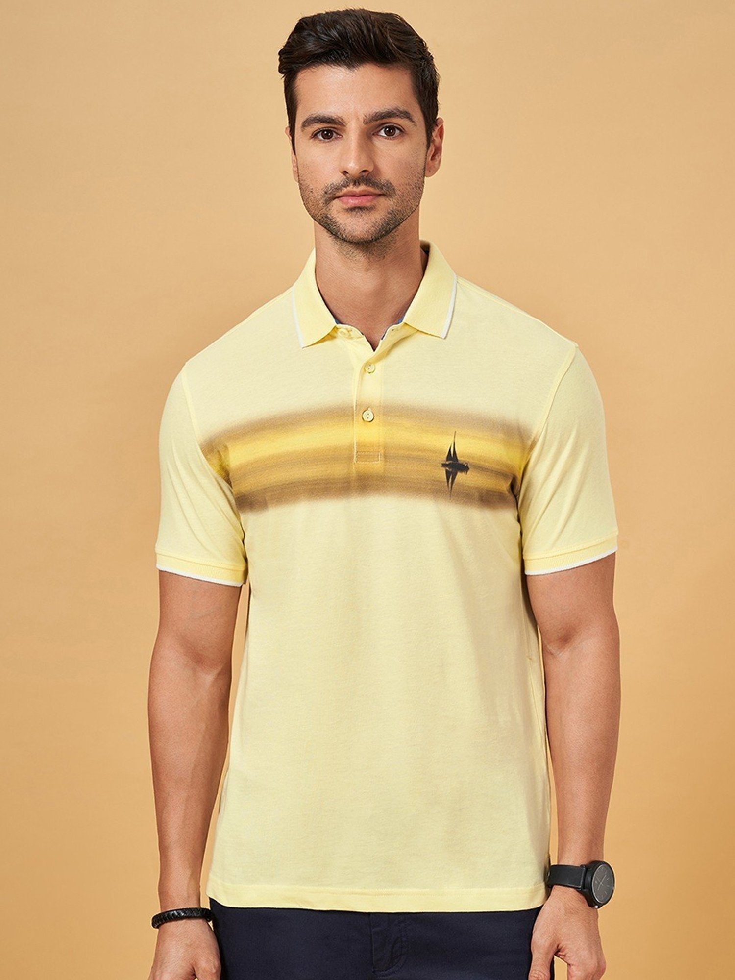 Byford By Pantaloons Light Yellow Slim Fit Printed Polo T-Shirt