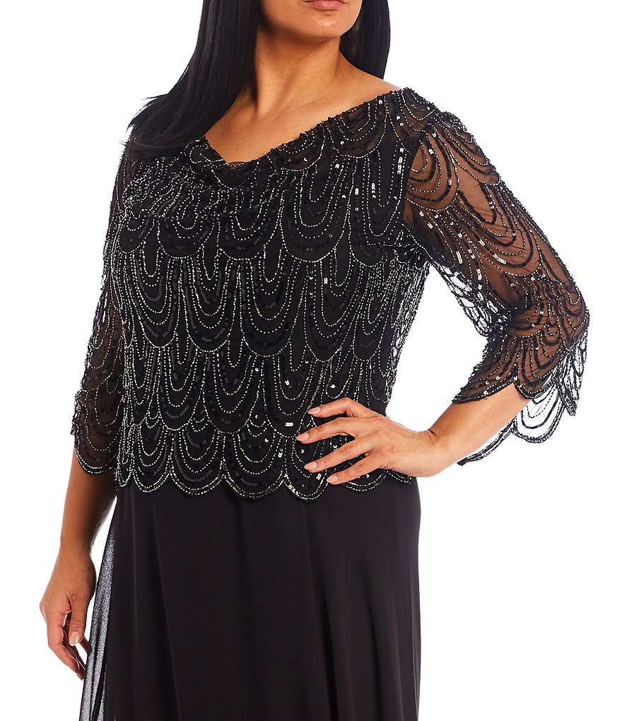 Jkara Plus Size Cowl Neck 3/4 Sleeve Scallop Beaded Bodice Gown