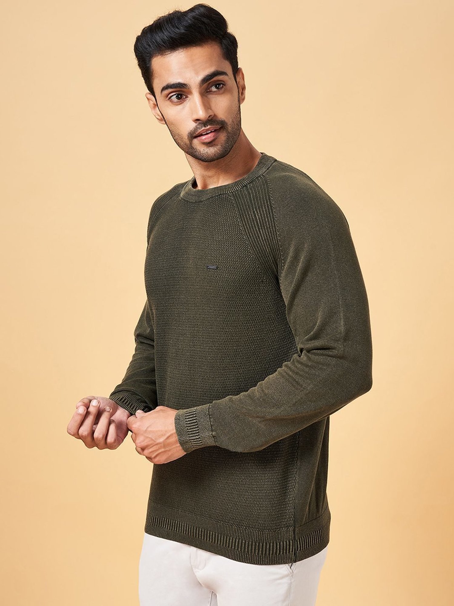 Byford by Pantaloons Olive Cotton Slim Fit Sweater