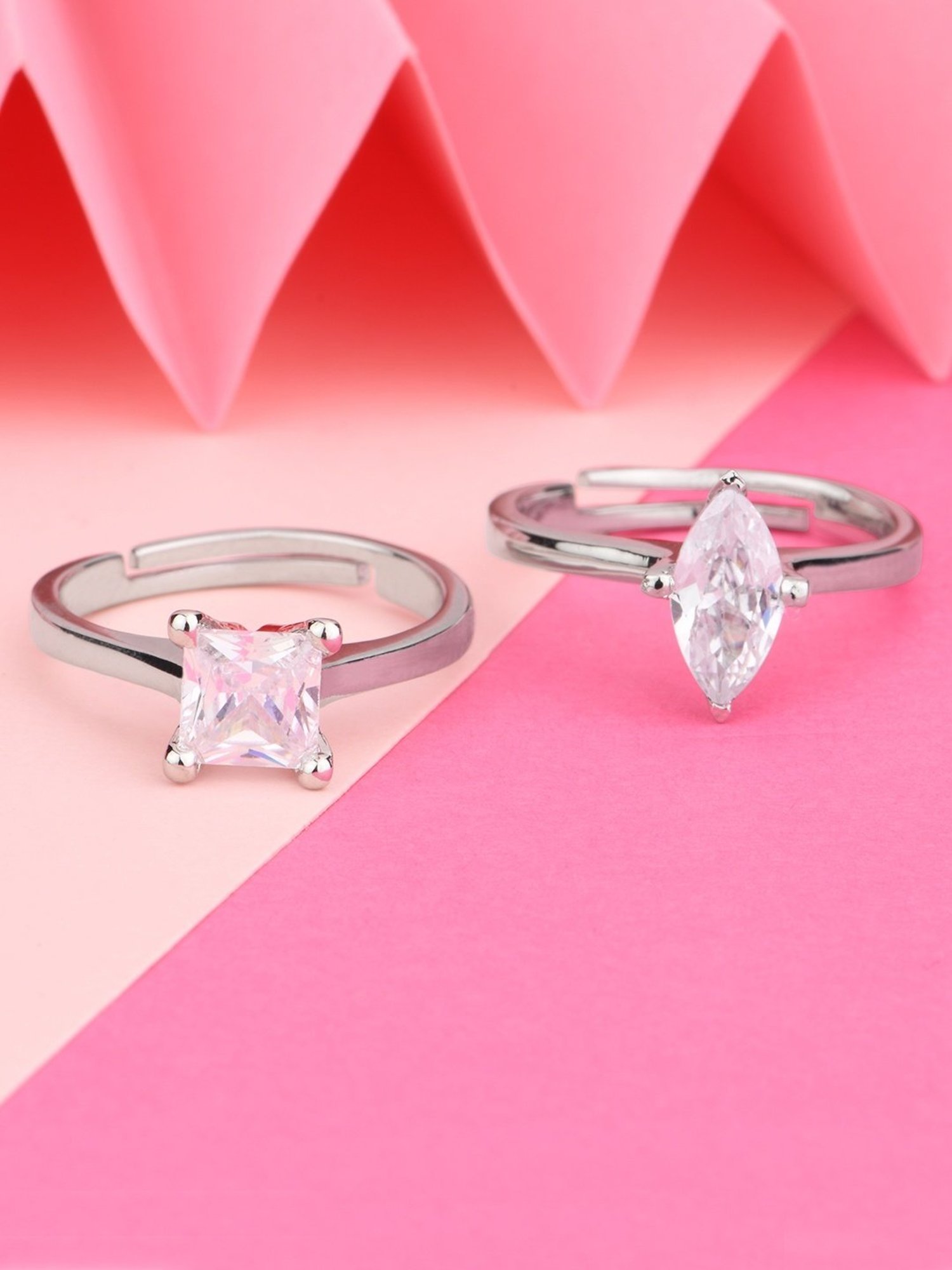 Lilly & Sparkle Brass Rhodium Plated and Square Shape CZ Stone Studded Adjustable Rings - Set of 2