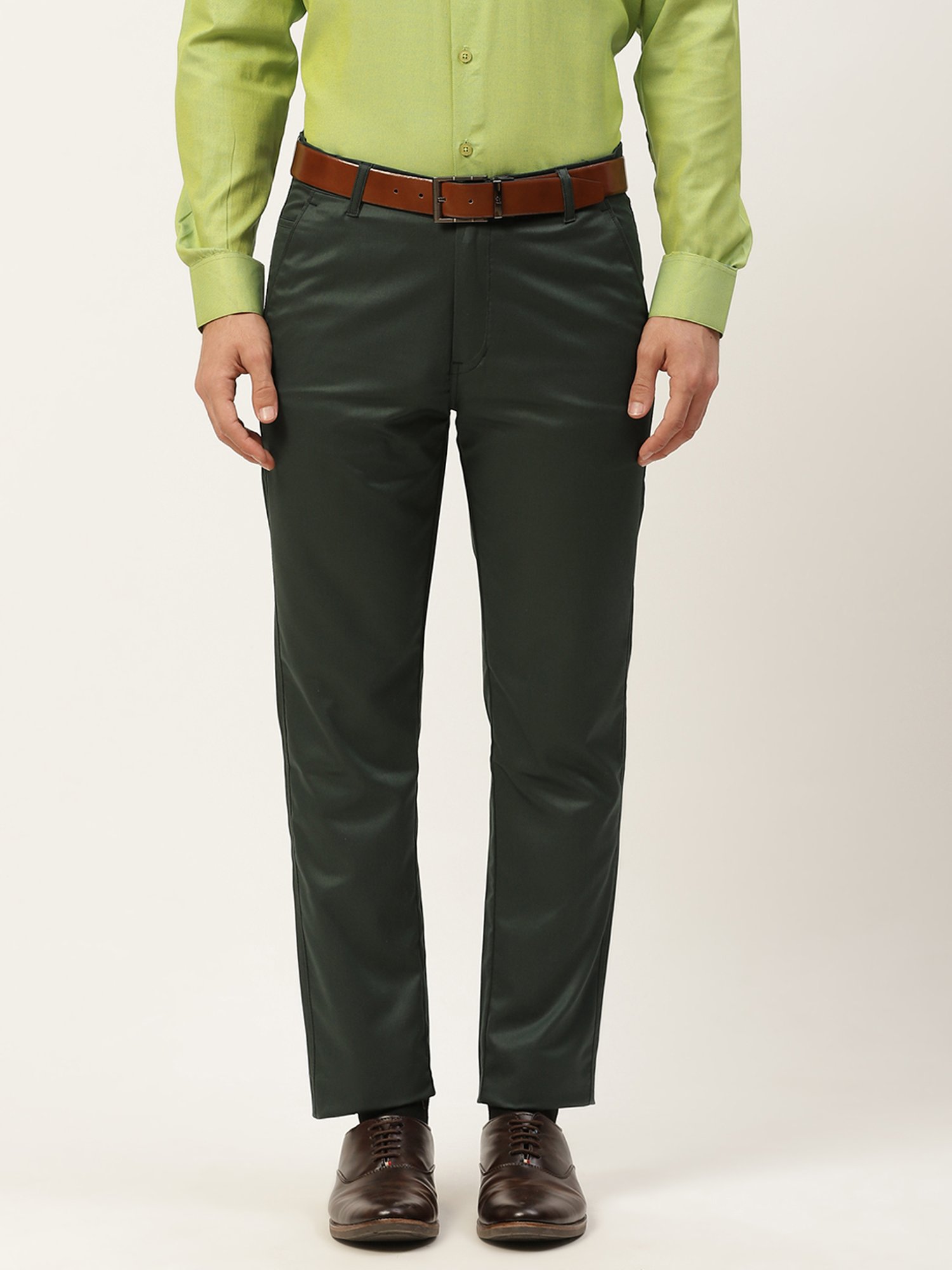 Sojanya Green Cotton Regular Slim Fit Flat Front Trousers