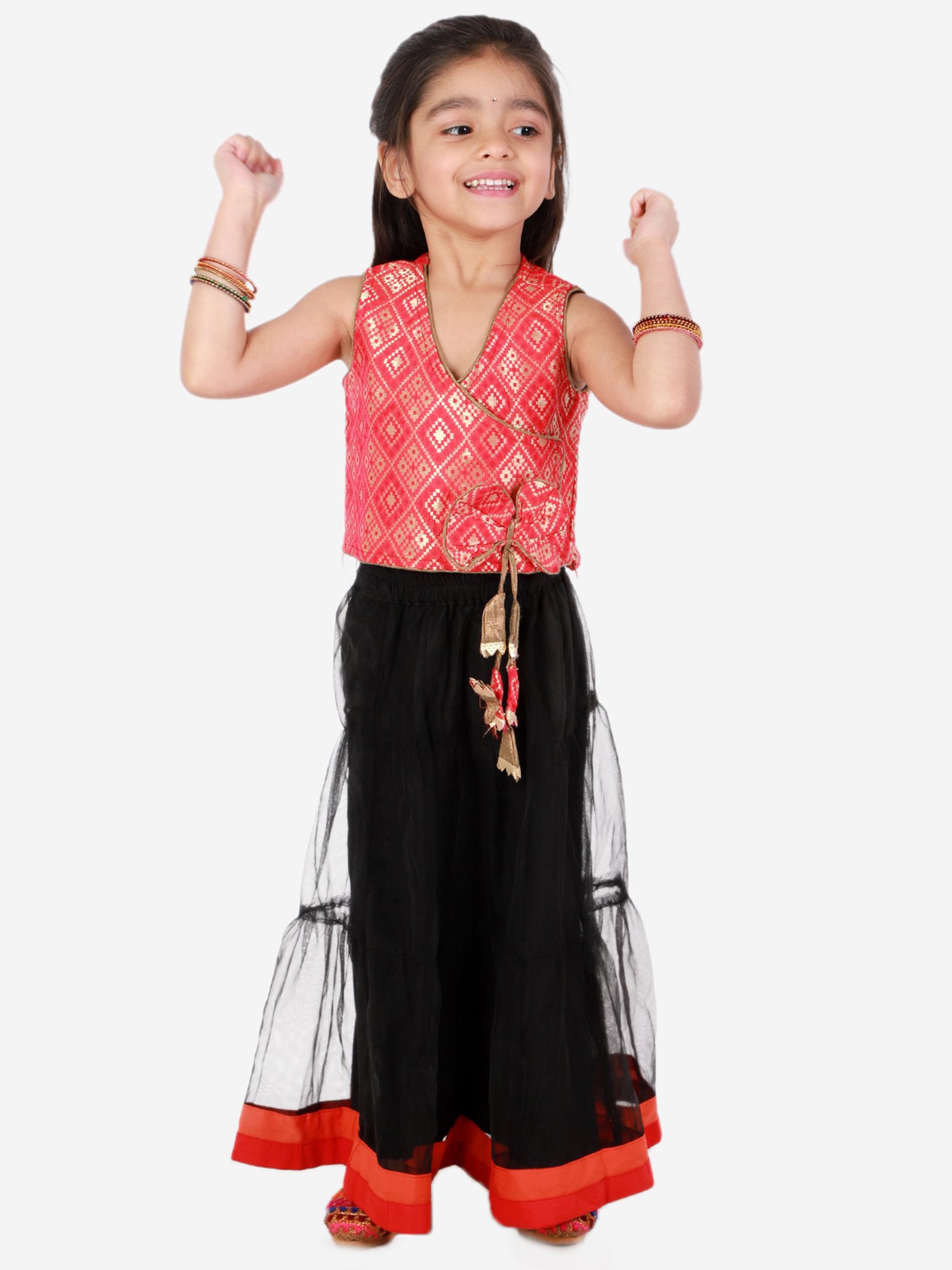 TWISHA Kids Red & Black Self Design Top with Ghagra