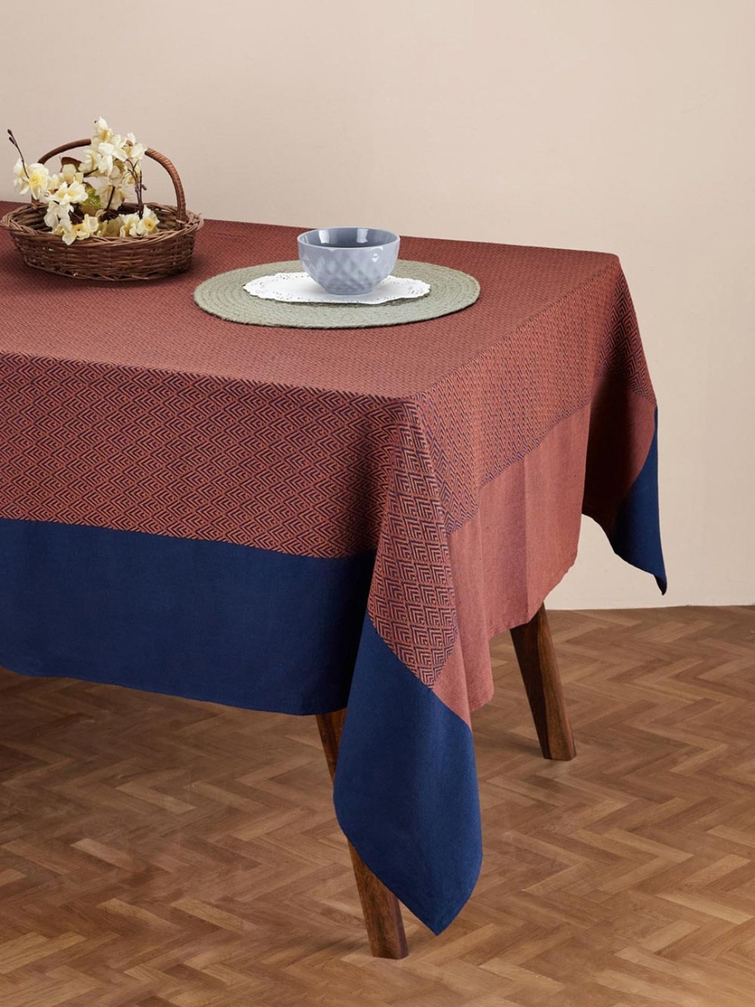 Fabindia Maroon & Blue Cotton 76 TC 190 GSM Kiara Table Cover - Set of 8