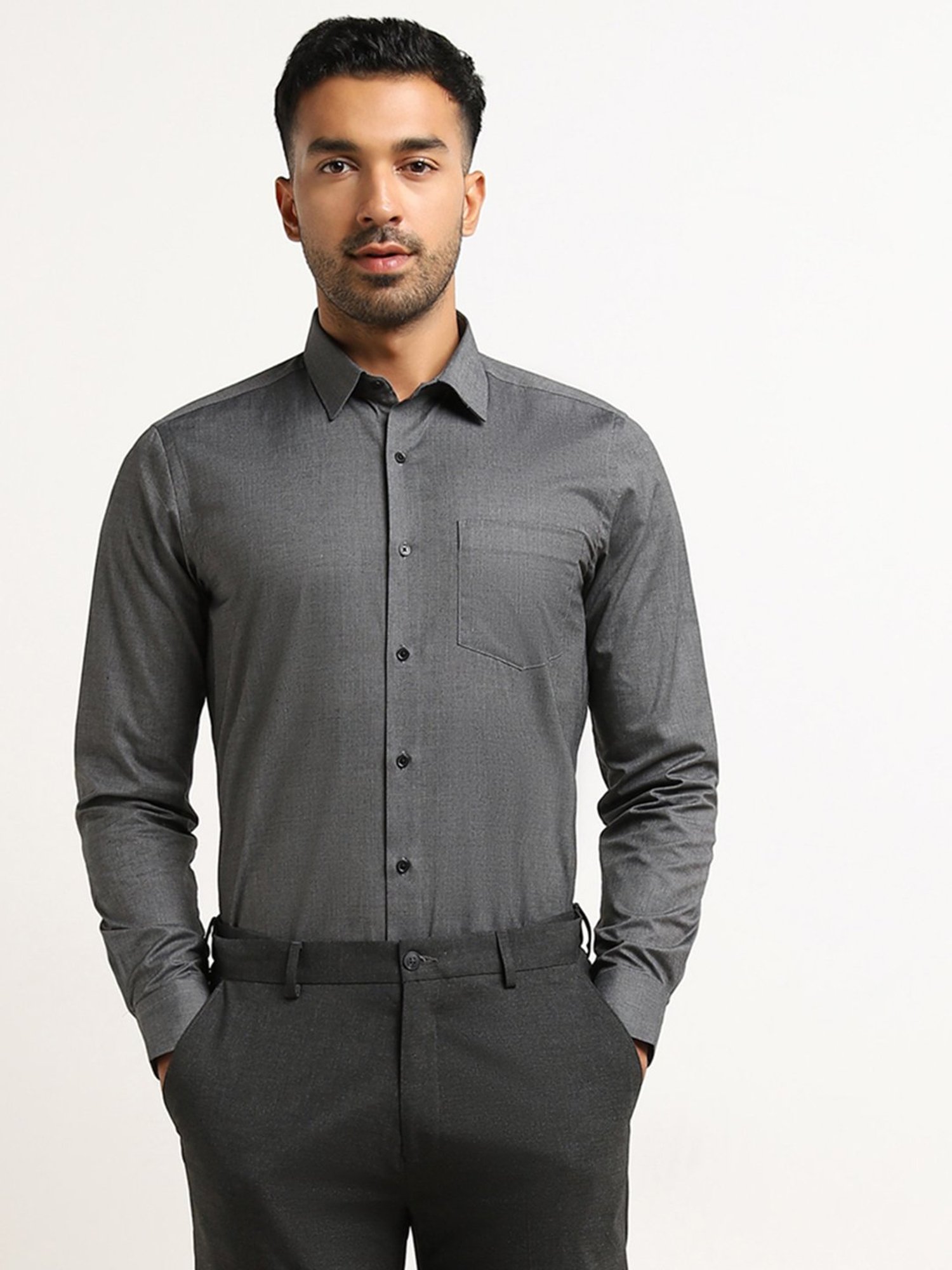 WES Formals by Westside Charcoal Solid Slim-Fit Shirt