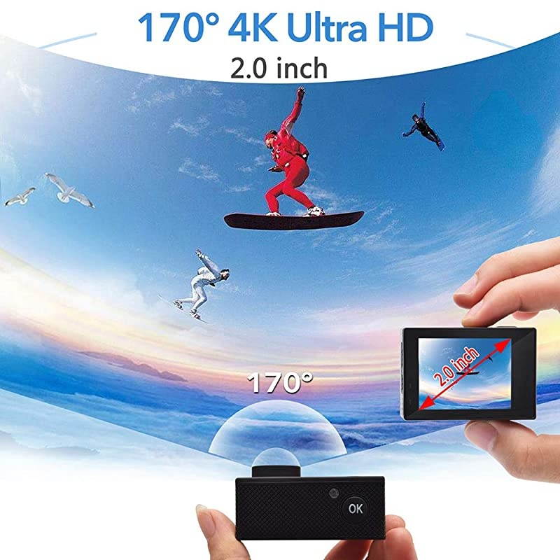 4K WiFi Action Camera 16GB TF Card16MP Underwater Video Camera 170 Wide Angle Sports Cam with Remote 2 Batteries 24 Accessories Mounting Kit 20 Pack