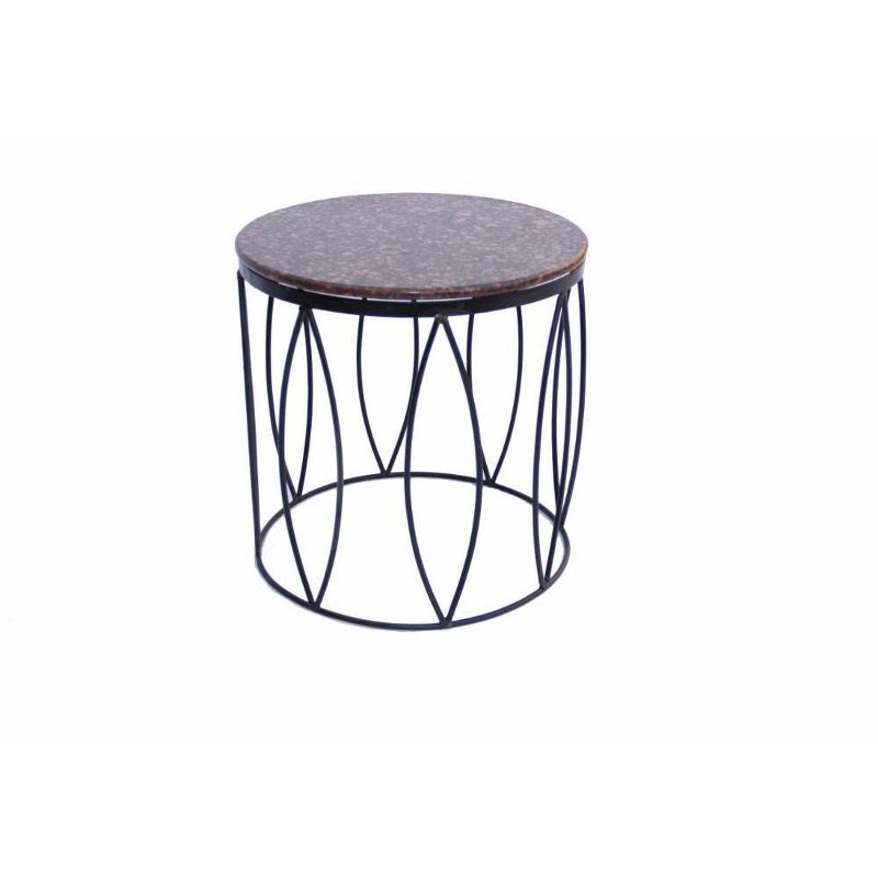 Round Iron Framed Side or End Table with Textured Real Marble Top Brown/Black - The Urban Port