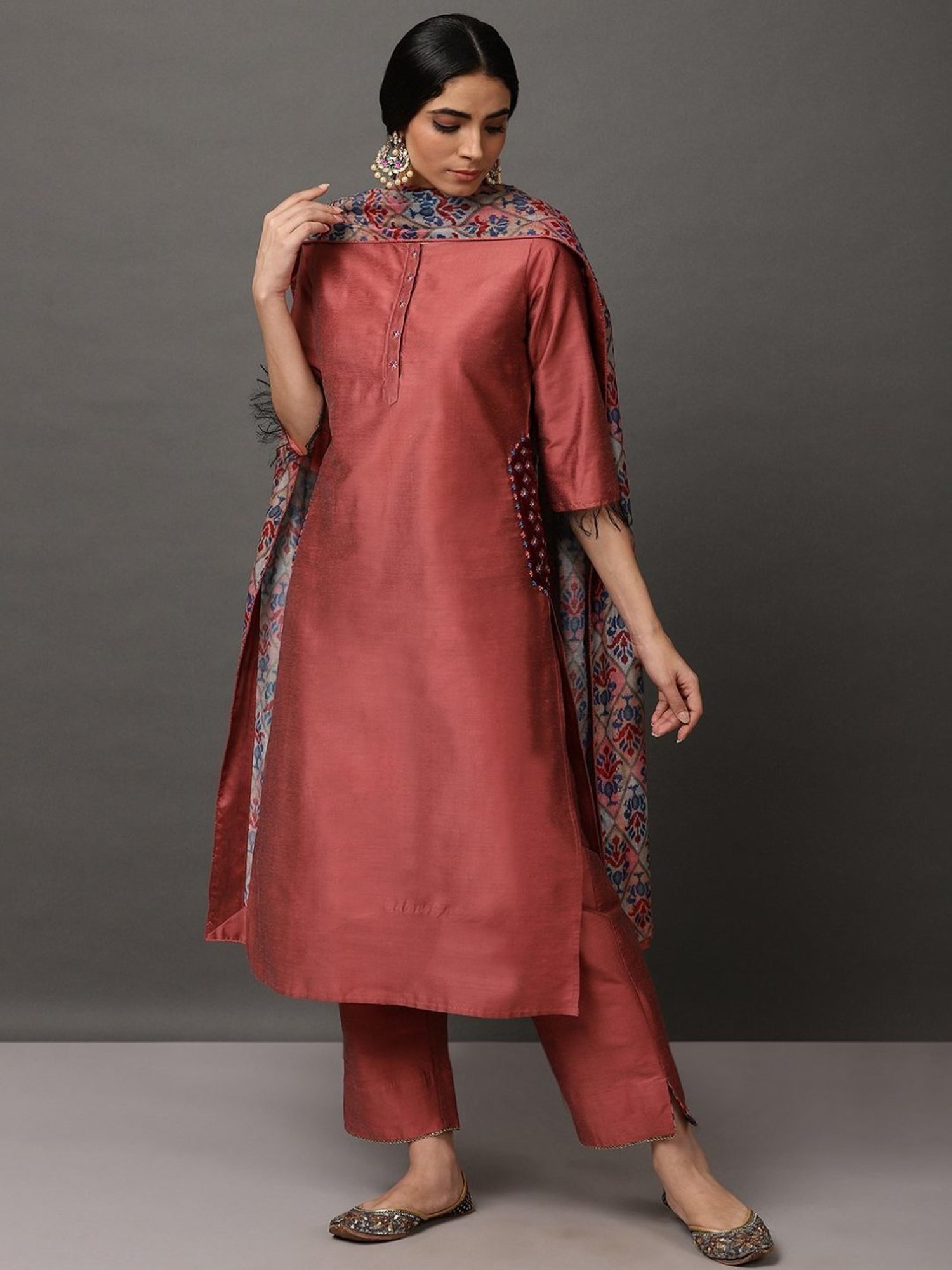Nuhh Pink Melange Kurta & Pant Set with Dupatta