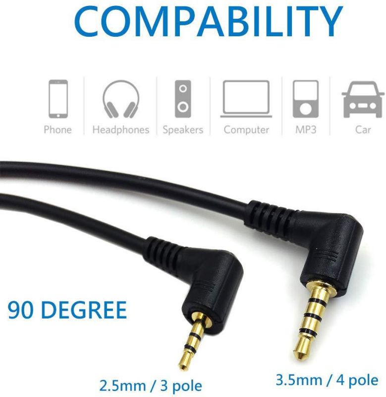Poyiccot 90 Degree Right Angle 3.5mm 4 Pole Male to 2.5mm 3 Pole Male Headset Stereo Audio Aux Extender Stereo Jack Cable 20cm (3.5 M/ 2.5 M)