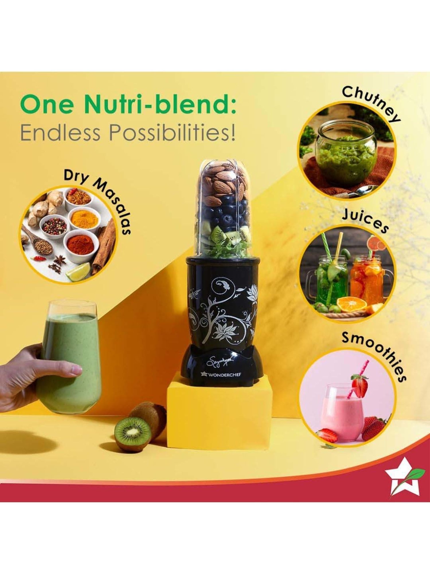 Wonderchef Nutri-Blend 22000 RPM Mixer-Grinder with 2 Unbreakable Jars (500W, Black)