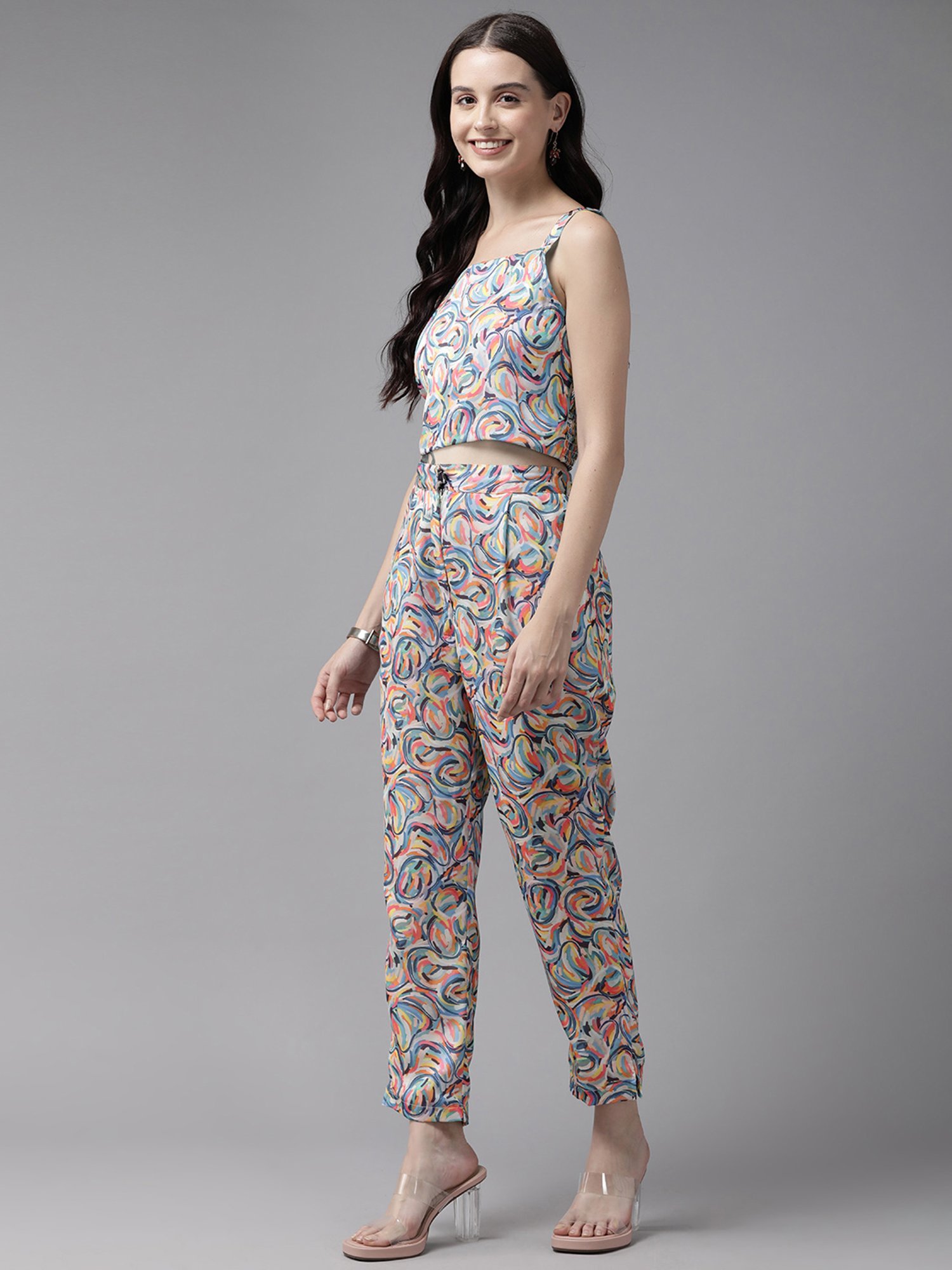 Aarika Multicolored Printed Crop Top Pant Set With Jacket