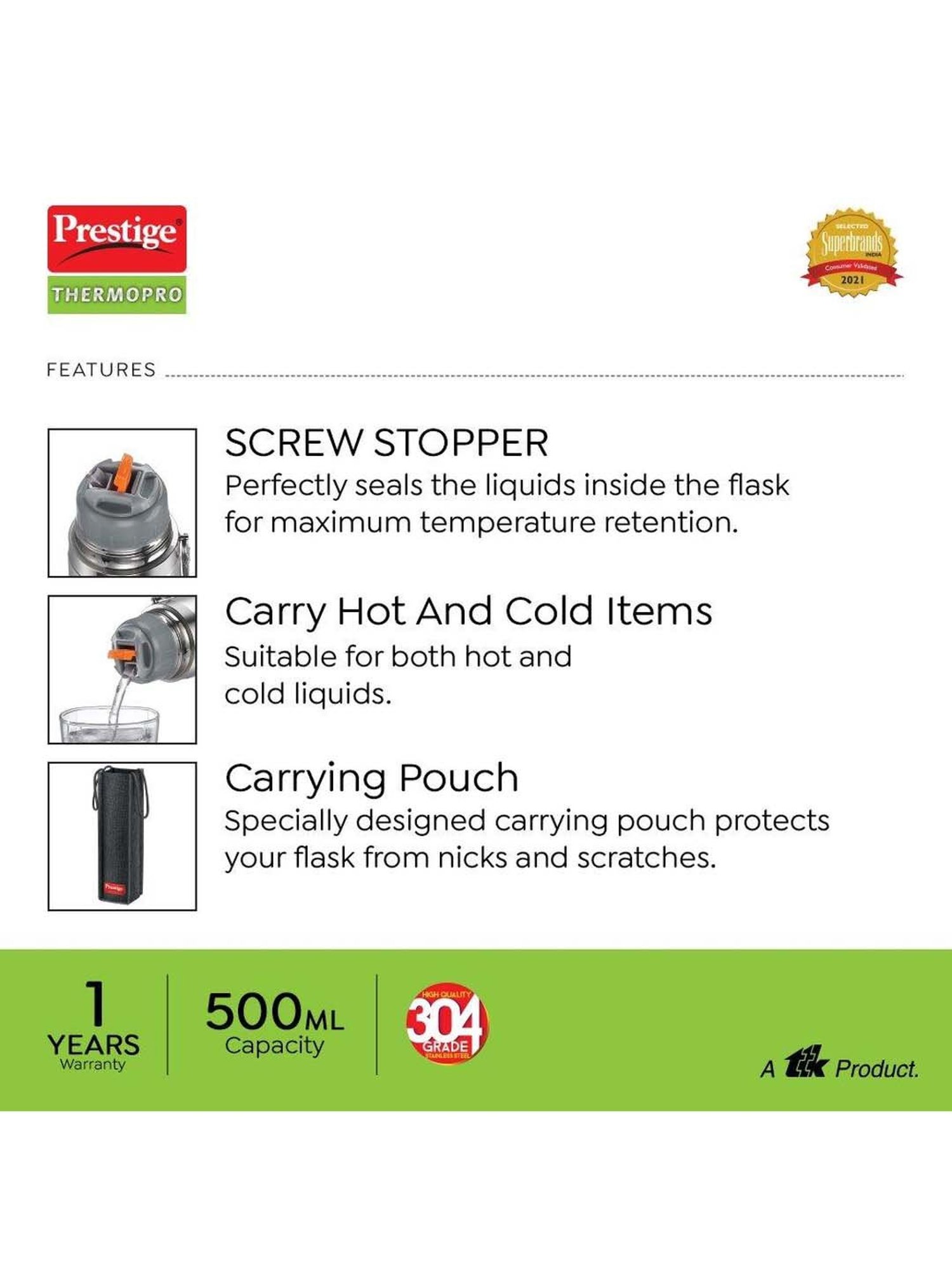 Prestige Silver Stainless Steel 9.5 cm Thermopro Flask&iquest; (0.5 L) - Set of 1