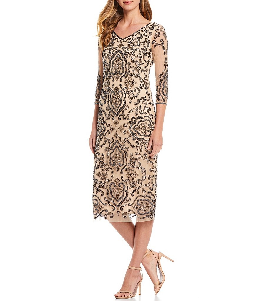 Pisarro Nights V-Neck 3/4 Sleeve Beaded Sheath Midi Dress