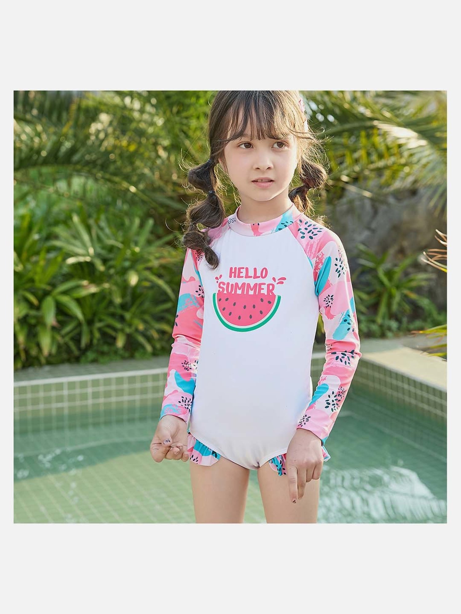 Little Surprise Box Kids Pink & White Watermelon Printed Full Sleeves Swimsuit