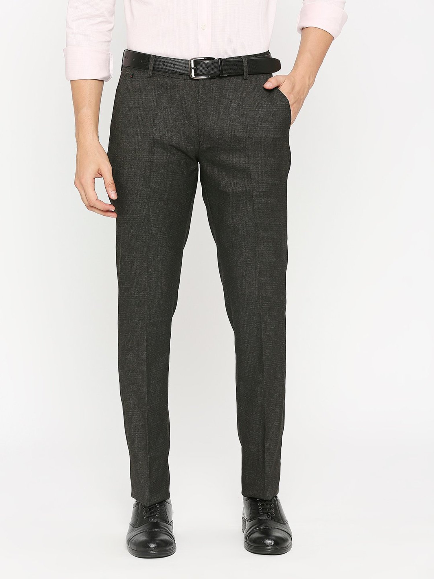 SOLEMIO Dark Brown Slim Fit Self Design Flat Front Trousers