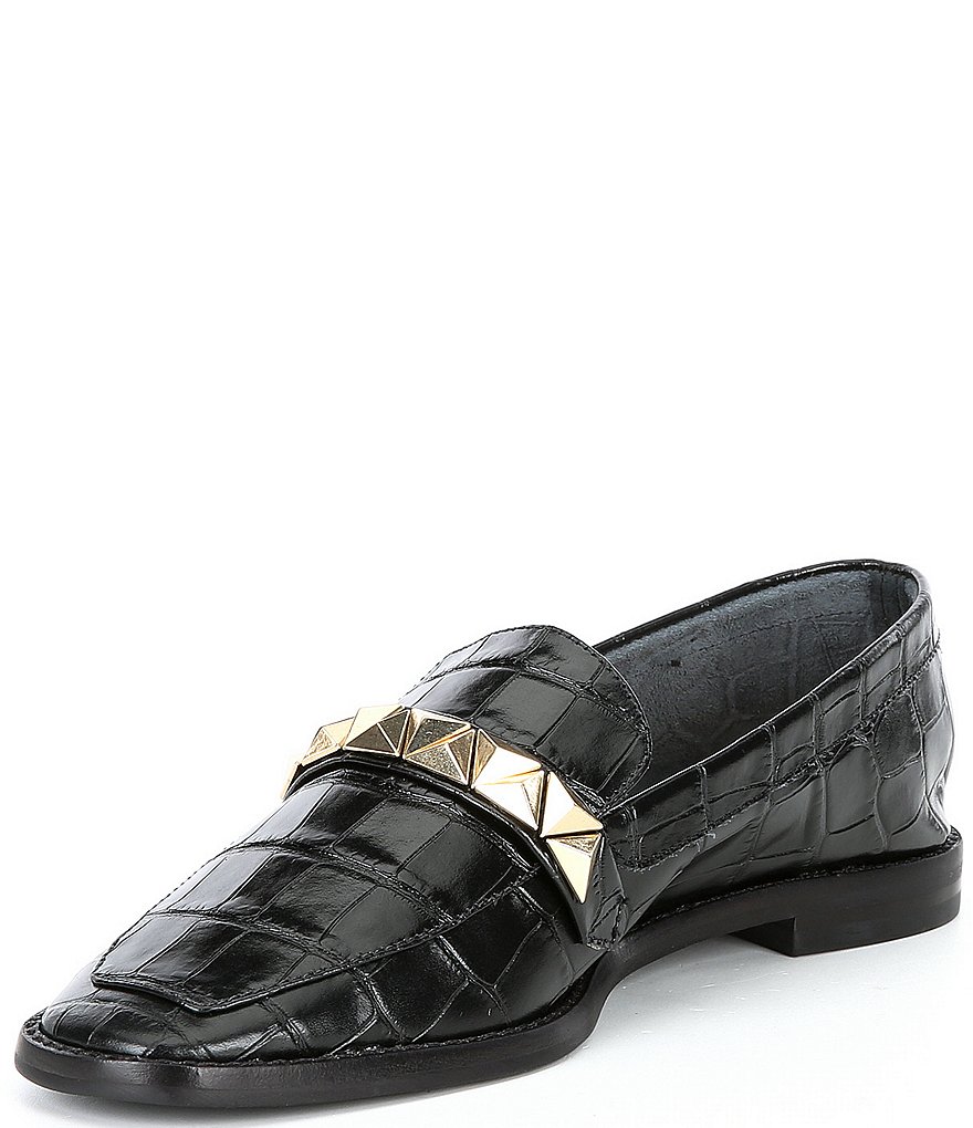 Schutz Pinky Croco Print Leather Studded Strap Loafers