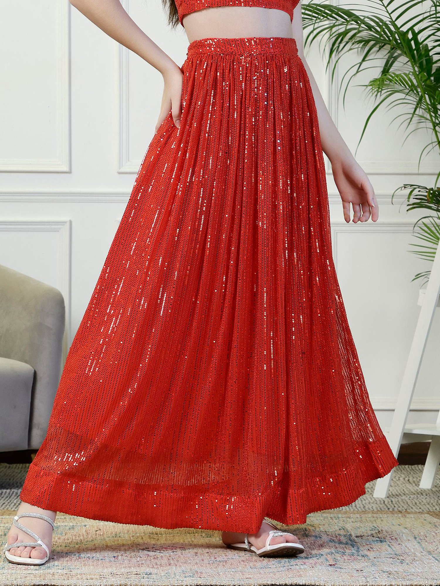 NEUDIS Red Embellished Maxi Skirt