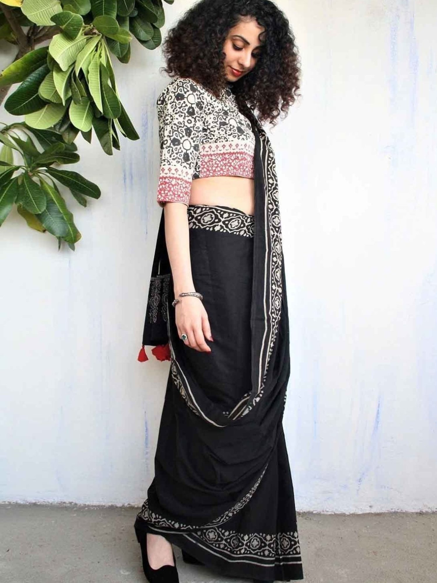 Chidiyaa Ivory & Black Block Printed Cotton Mul Saree