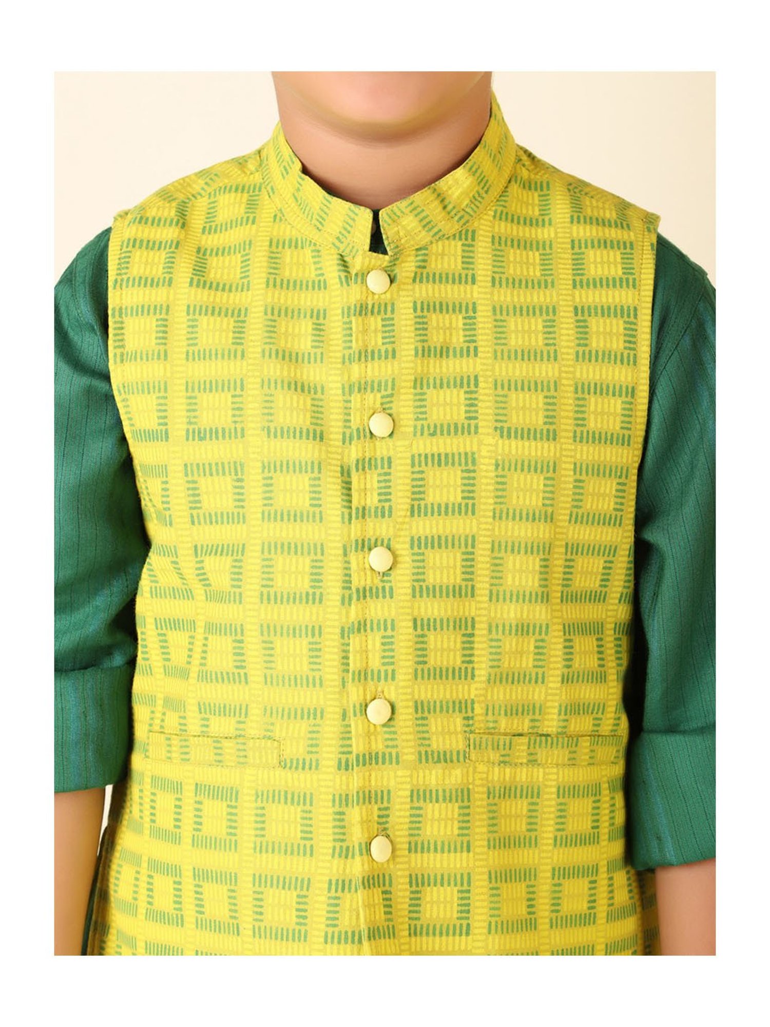 Fabindia Kids Lime Green Printed Nehru Jacket