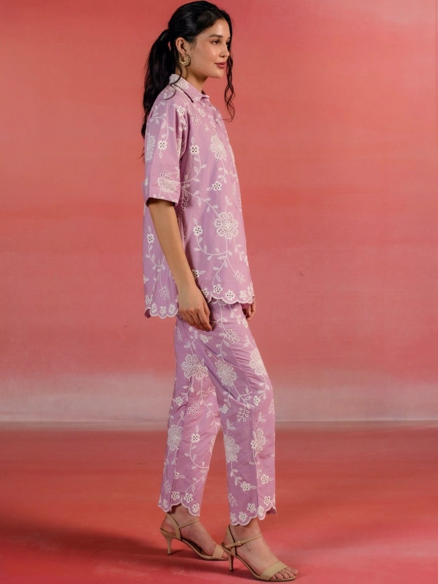 Kameez by Pooja Pink Floral Embroidered Poplin Shirt with Pant Co-ord Set