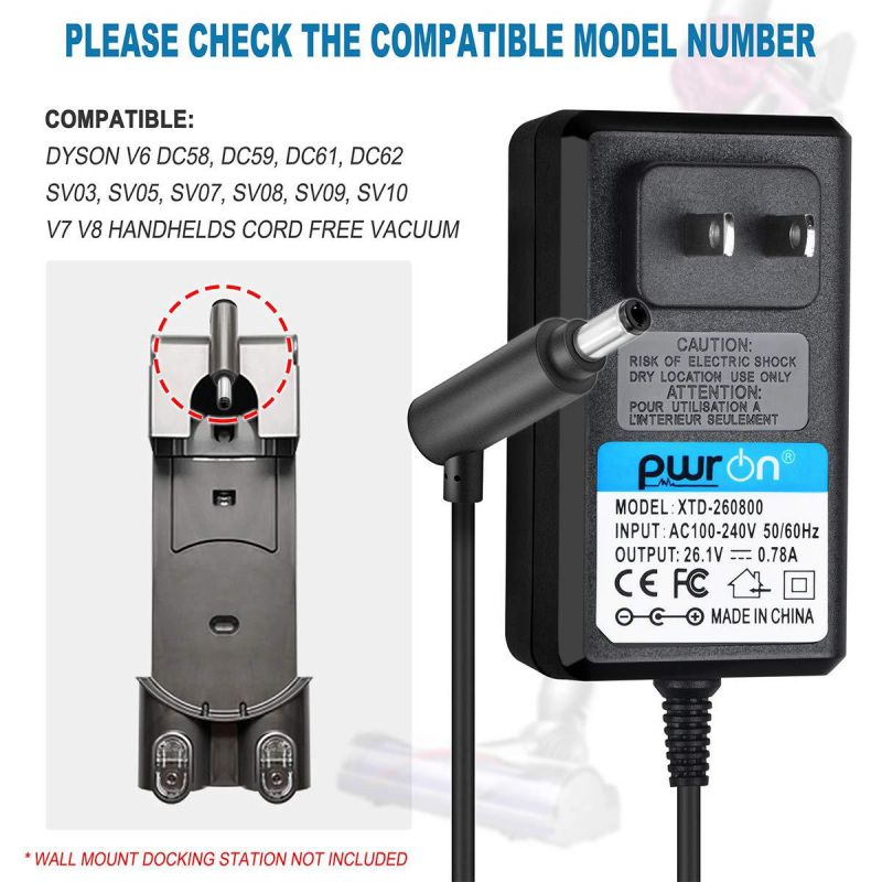PwrON 26.1V Replacement Ac Dc Adapter Compatible with Dyson Cordless Vacuum Cleaner V8 V7 V6 DC58 DC59 DC61 DC62 SV03 SV04 SV06 SV10 Model# 205720-02, 214730-01, 227591-01 (5Ft Power Cord)