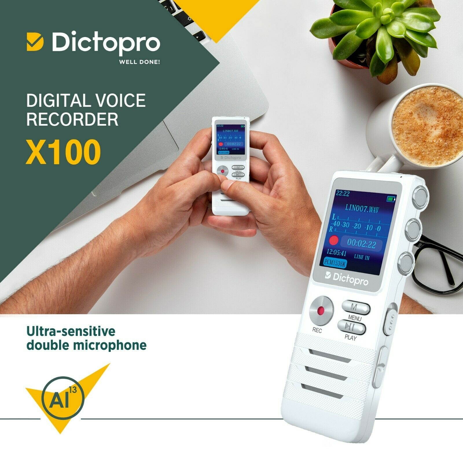 Digital Voice Activated Recorder Handheld Dictaphone Double Mic  Microphone