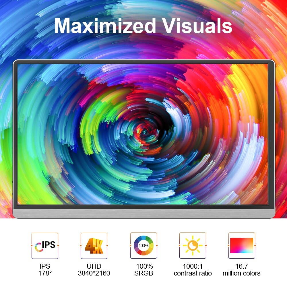 4K Portable Monitor 15.6 Inch IPS Screen Dual Speakers Compatible for Laptop Cellphone PS3 PS4 Xbox360 Gaming Display