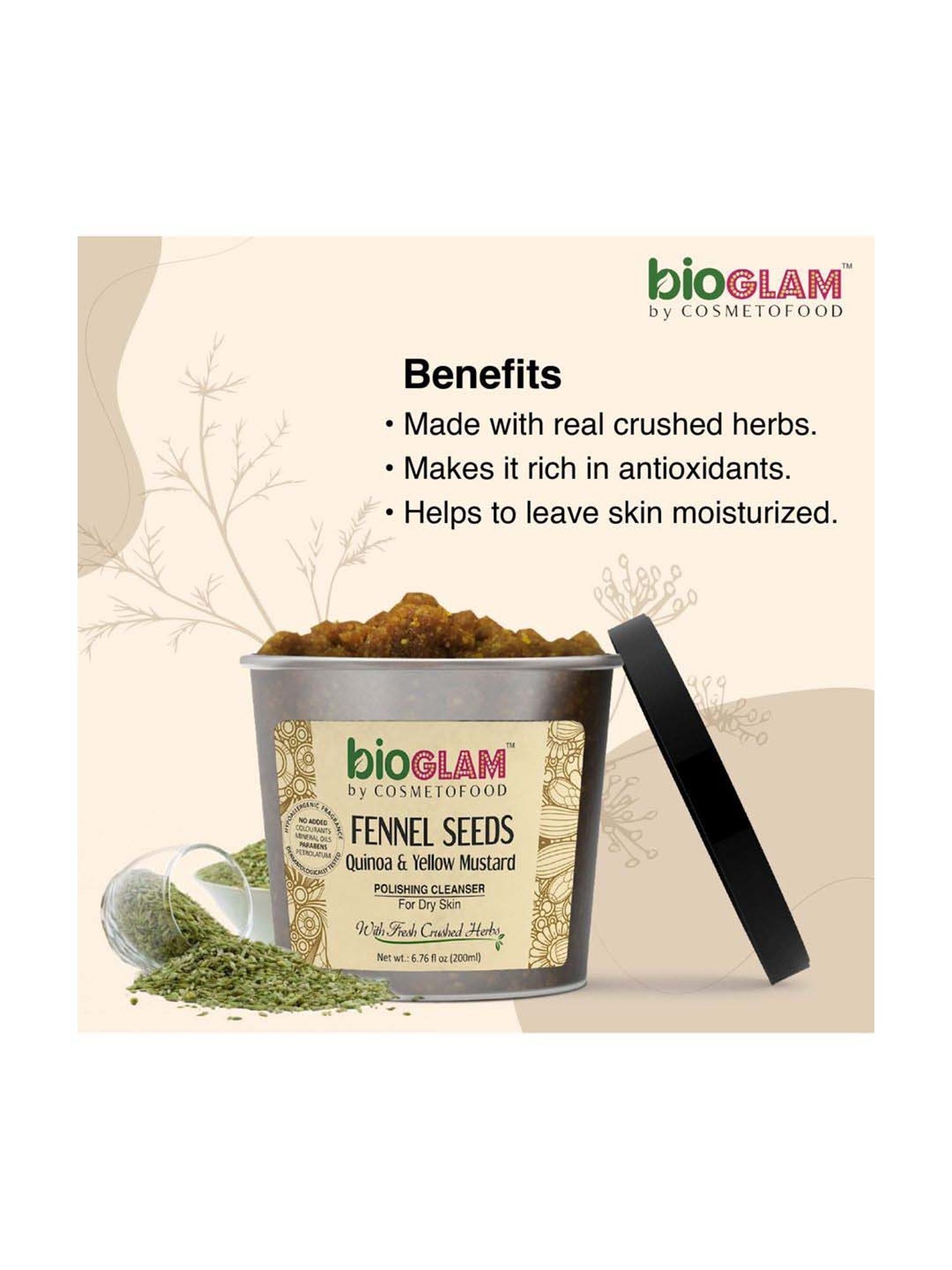 Cosmetofood Bioglam Fennel Seeds Quinoa & Yellow Mustard Polishing Cleanser For Dry Skin - 200 ml