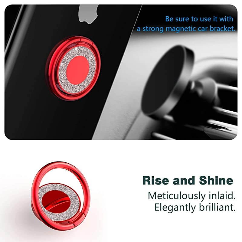 Cell Phone Ring Holder, 360 Rotation Bling Metal Finger Kickstand Phone Grip for Magnetic Car Mount Compatible with Smartphone(Lucky Red)